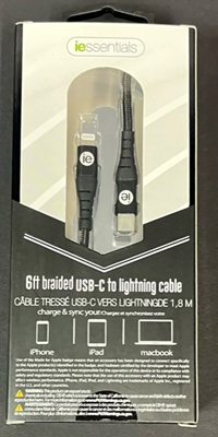 USB-C to Lightning Cable 6ft Braided Black Cord